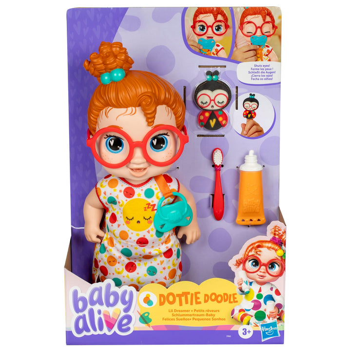 Baby Alive Lil Dreamer Dottie Doodle Sleepy Baby Doll Set, Red Hair, Fun Sleepover Theme, Preschool Toys for Girls & Boys 3 Years & Up