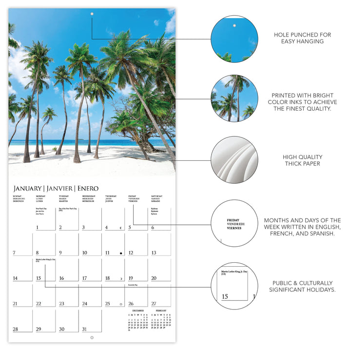 Graphique 2024 Island Paradise Wall Calendar | 12” x 12” | Thick Paper | Home & Office Organizer | Large Monthly Grid | 3 Languages & Marked Holidays | 4 Month Preview Page for 2025