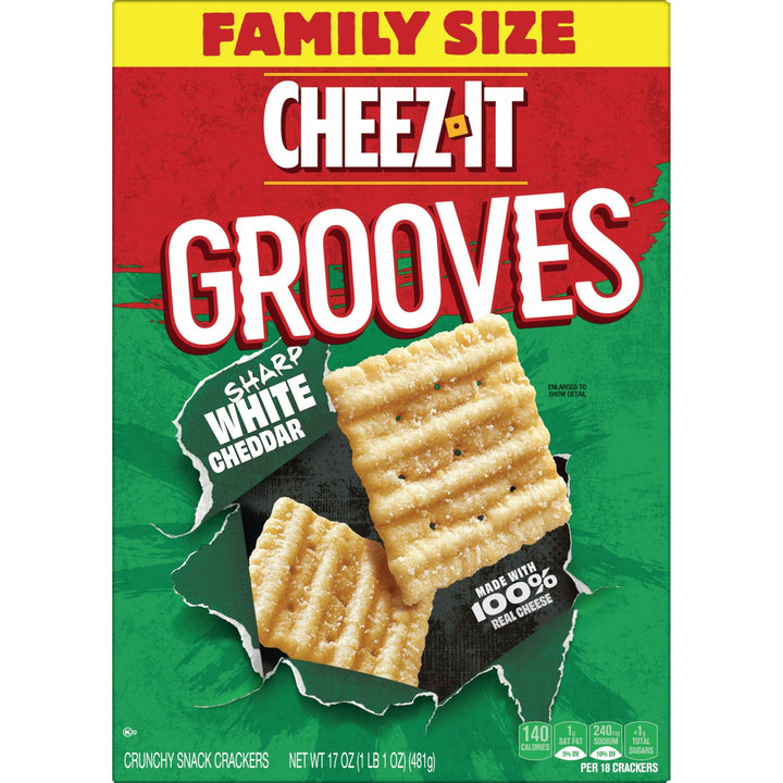 Cheez-It Grooves Crunchy Cheese Crackers, Snack Crackers, Lunch Snacks, Family Size, Sharp White Cheddar, 17oz Box (1 Box) 1.06 Pound (Pack of 1)