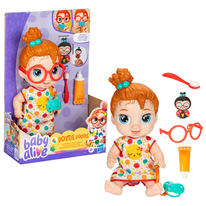 Baby Alive Lil Dreamer Dottie Doodle Sleepy Baby Doll Set, Red Hair, Fun Sleepover Theme, Preschool Toys for Girls & Boys 3 Years & Up