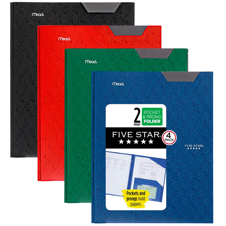 Five Star 2 Pocket Folders, 4 Pack, Plastic Folders with Stay-Put Tabs and Prong Fasteners, Holds 8-1/2" x 11" Paper, Writable Label, Black, Fire Red, Forest Green, Pacific Blue (38048) Black, Red, Green, Blue