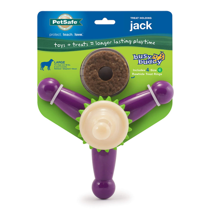 PetSafe Busy Buddy Treat Holding Jack Dog Toy – Strong Chewers - Challenging - Treat Rings Included - Large Purple
