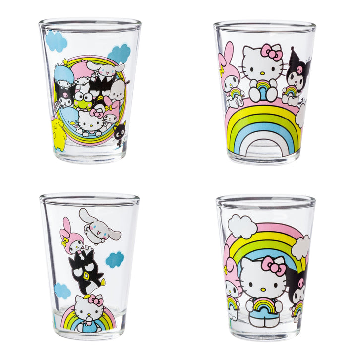 Silver Buffalo Sanrio Hello Kitty and Friends Rainbow Featuring Badtz-Maru, My Melody, Cinnamoroll, Kuromi, Little Twin Stars, Pochacco, Keroppi, Tuxedo Sam, and Chococat 4 Pack Mini Glass Set, 1.5oz