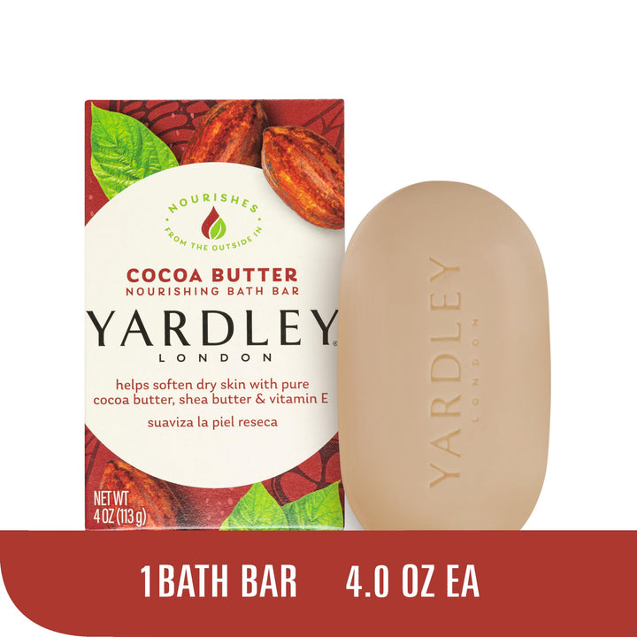 Yardley London Nourishing Bath Soap Bar Cocoa Butter, Helps Soften Dry Skin with Pure Cocoa Butter, Shea Butter & Vitamin E, 4.0 oz Bath Bar, 1 Soap Bar