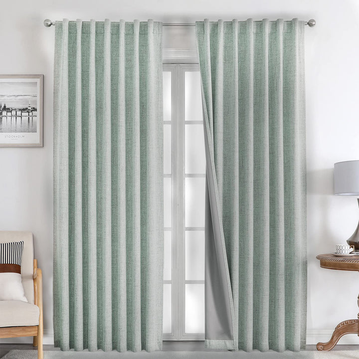 Joydeco 100% Black Out Curtains 63 inch Long 2 Panels Burg Natural Blackout Linen Drapes for Bedroom Living Room Darkening Curtain Thermal Insulated Back tab Rod Pocket(37x63 inch,Sage Green) Sage Green 37"W x 63"L (Pack of 2)