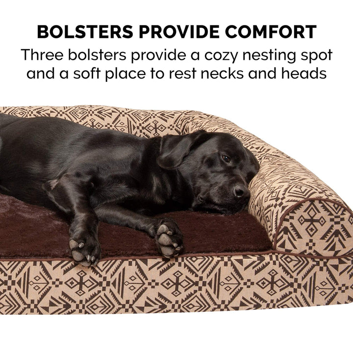 Furhaven Pillow Dog Bed for Small Dogs w/ Removable Bolsters & Washable Cover - Plush & Southwest Kilim Woven Decor Sofa - Desert Brown, Small