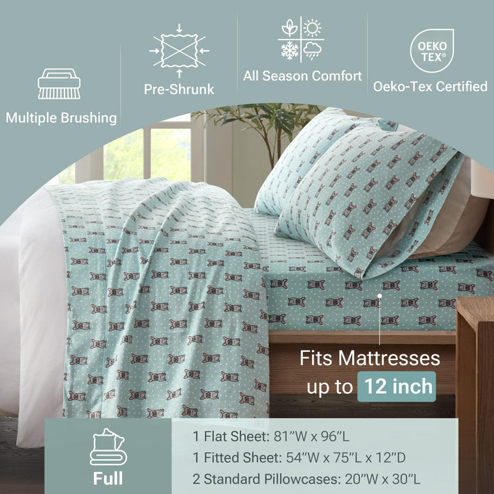 Sleep Philosophy True North Cozy Flannel Warm 100% Cotton Sheet - Novelty Print Animals Stars Cute Ultra Soft Cold Weather Bedding Set, Queen, Aqua Dots 4 Piece