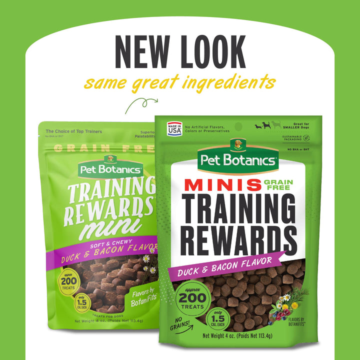 Pet Botanics 4 oz. Pouch Training Reward Mini Soft & Chewy, Duck and Bacon Flavor, with 200 Treats Per Bag, The Choice of Top Trainers Grain Free Duck & Bacon 4 Ounce (Pack of 1)