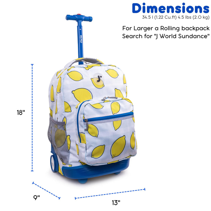 J World New York Sunrise Kids Rolling Backpack for Girls Boys Teen. Roller Bookbag with Wheels, Lemona, 18"