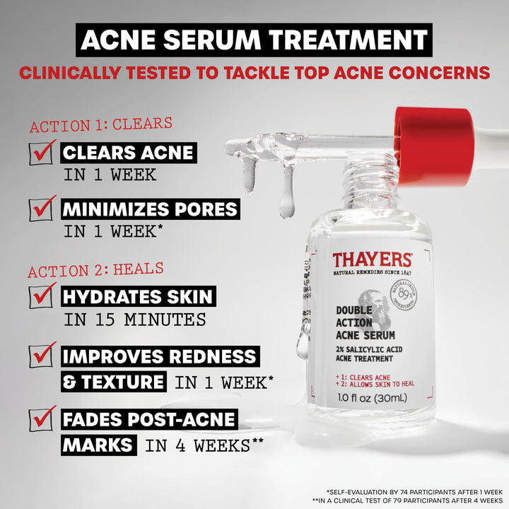 Thayers Double Action Acne Serum with Salicylic Acid, Acne Treatment Face Serum with 2% Salicylic Acid and Niacinamide, Soothing and Non-Stripping Skin Care, 1 Fl Oz 1 Fl Oz (Pack of 1)