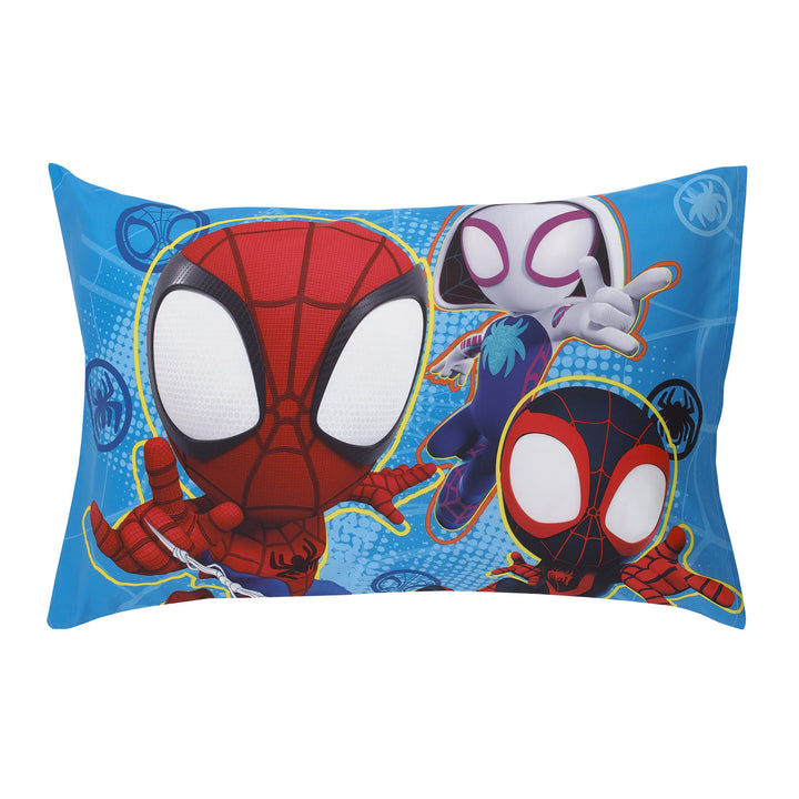 Marvel Spidey and his Amazing Friends Spidey Team Red, White, and Blue 4 Piece Toddler Bed Set - Comforter, Fitted Bottom Sheet, Flat Top Sheet, and Reversible Pillowcase