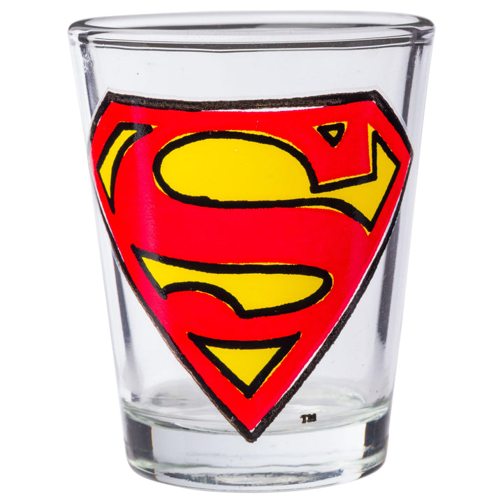 Silver Buffalo DC Comics Superhero Logos Mini Glasses 4 Pack Featuring Flash, Superman, Wonder Woman, and Batman, 1.5 Ounces Comics Sketch Logos