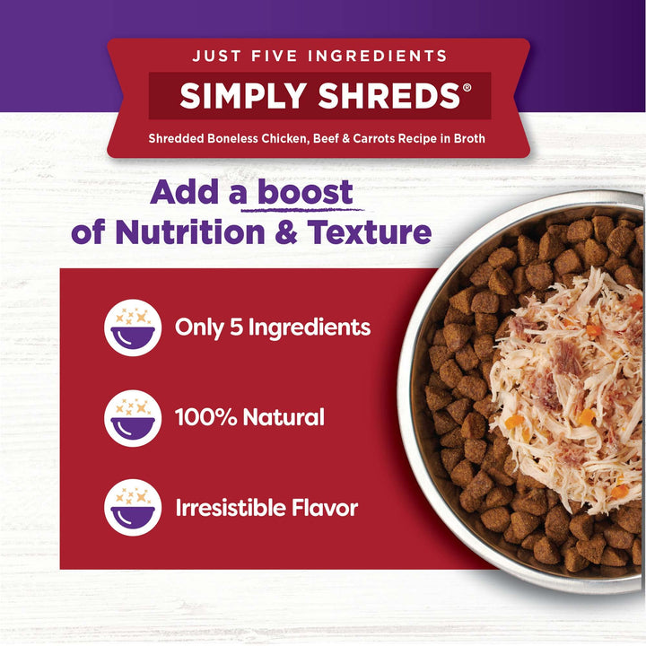 Wellness Bowl Boosters Simply Shreds Natural Grain Free Wet Dog Food Mixer or Topper, Tuna, Beef & Carrots, 2.8-Ounce Pouch (Pack of 12) 2.8 Ounce (Pack of 12)