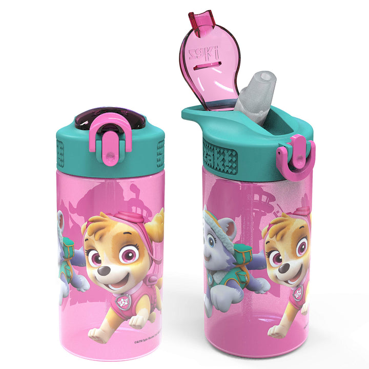 Zak Designs Kids Durable Plastic Spout Cover and Built-in Carrying Loop, Leak-Proof Water Design for Travel, (16oz, 2pc Set), Paw Patrol Skye Bottle 2pk 2 Count (Pack of 1)