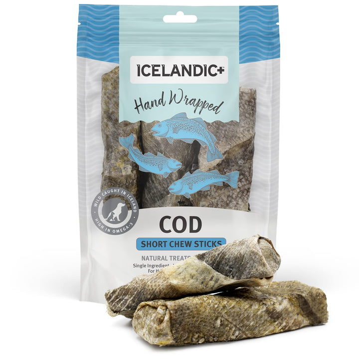 Icelandic+ Cod Skin 5" Short Hand Wrapped Dog Chew Stick, 3-Pack, 2.8-oz Bag