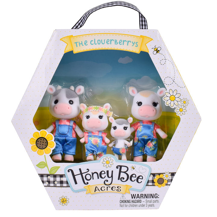 Sunny Days Entertainment Honey Bee Acres Cloverberrys Cow Family – 4 Miniature Flocked Dolls | Small Collectible Figures | Pretend Play Toys for Kids