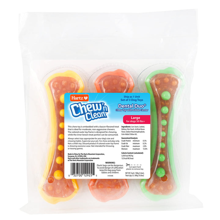 Hartz Chew 'n Clean Dental Duo Dog Treat & Chew Toy, Color Varies, Large, 3 Pack Large (Pack of 3) Orange, Green & Yellow