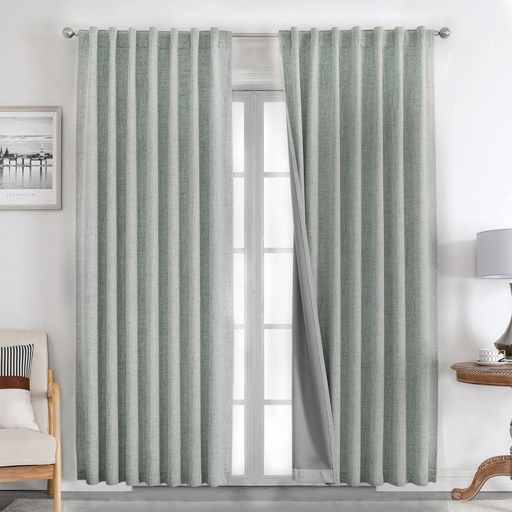 Joydeco 100% Black Out Curtains 63 inch Long 2 Panels Burg Natural Blackout Linen Drapes for Bedroom Living Room Darkening Curtain Thermal Insulated Back tab Rod Pocket(37x63 inch,Sage Green) Sage Green 37"W x 63"L (Pack of 2)