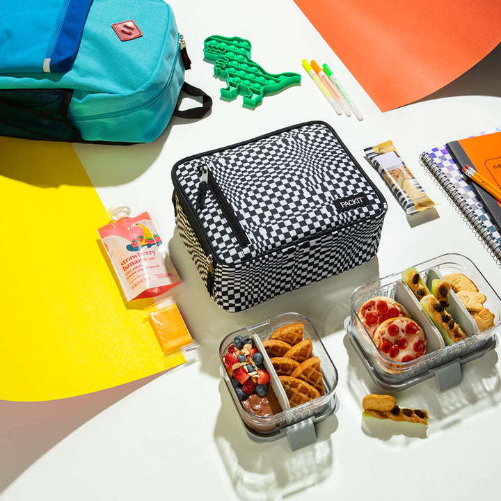 PackIt Freezable Classic Lunch Box, Checked Out, Built with EcoFreeze Technology, Collapsible, Reusable, Zip Closure With Zip Front Pocket and Buckle Handle, Perfect for School Lunches