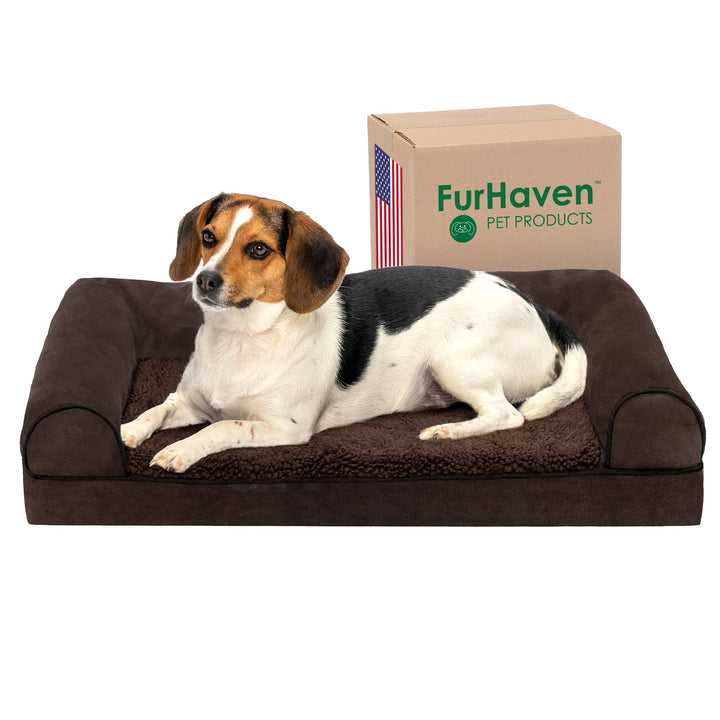 Furhaven Orthopedic Dog Bed for Medium/Small Dogs w/ Removable Bolsters & Washable Cover, For Dogs Up to 35 lbs - Sherpa & Chenille Sofa - Coffee, Medium Orthopedic Foam 30.0"L x 20.0"W x 6.3"Th (Sherpa & Chenille) Coffee