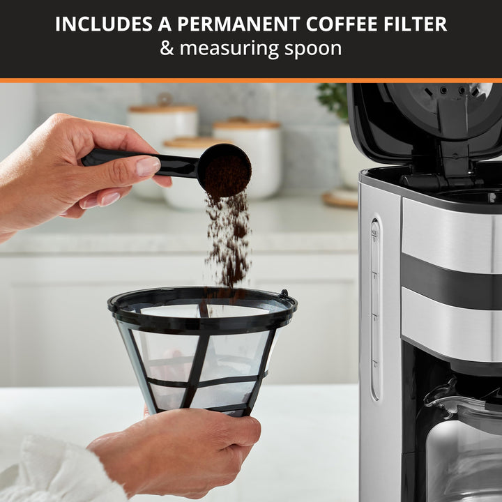 Krups Coffee Maker 10 Cups Digital Simply Brew Stainless Steel Drip Coffee Maker 900 Watts Digital Control, Coffee Filter, Drip Free, Dishwasher Safe Pot Silver and Black 10-Cup Glass & Digital