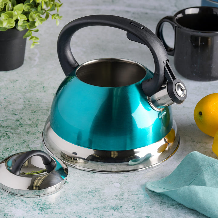 Mr. Coffee Flintshire Stainless Steel Whistling Tea Kettle W/Nylon Handle, 1.75-Quart, Metallic Teal Green