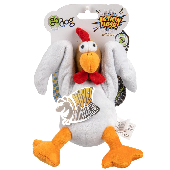 goDog Action Plush Chicken Animated Squeaky Dog Toy, Chew Guard Technology - White, One Size