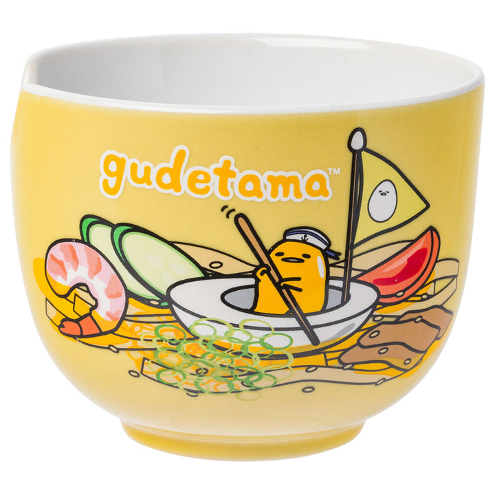 Silver Buffalo Sanrio Gudetama Lazy Egg Sailing In Ramen Ceramic Ramen Noodle Rice Bowl with Chopsticks, Microwave Safe, 20 Ounces Gudetama Swimming Cartoon
