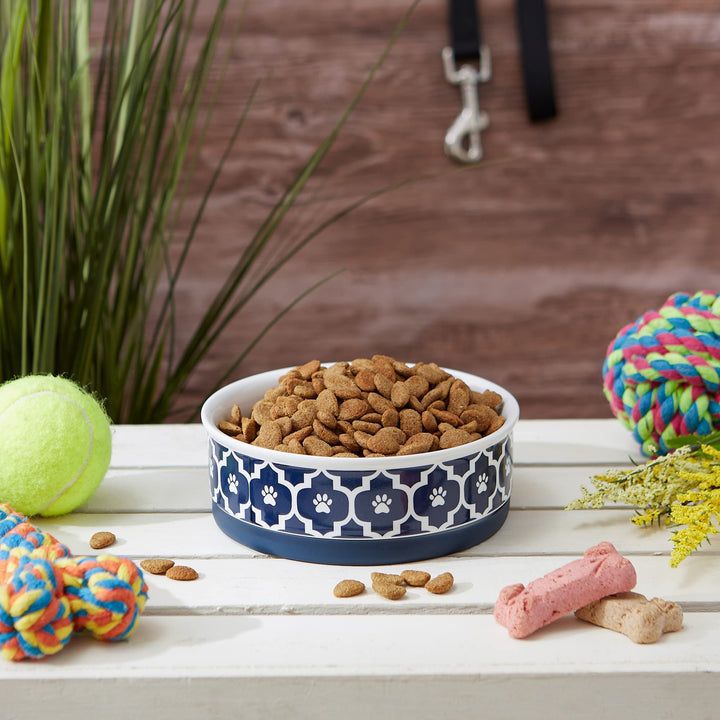 Bone Dry Lattice Pet Bowl, Removable Silicone Ring Creates Non-Slip Bottom for Secure Feeding & Less Mess, Microwave & Dishwasher Safe, Single Dish, Medium 6x2", Nautical Blue