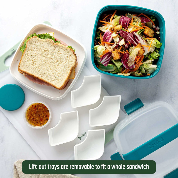 Goodful Stackable Lunch Box Container, Bento Style Food Storage with Removeable Compartments for Sandwich, Snacks, Toppings & Dressing, Leak-Proof and Made without BPA, 56-Ounce, Teal Adult Size