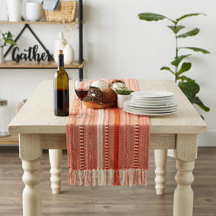 DII Farmhouse Braided Stripe Table Runner Collection, 15x108 (15x113, Fringe Included), Vintage Red