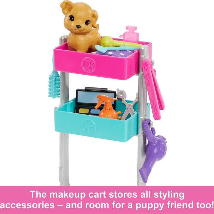 Barbie Stylist Doll & 14 Accessories, Blonde Malibu Fashion Doll On-set with Cart, Smock, Makeup Palette, Pet Puppy & More