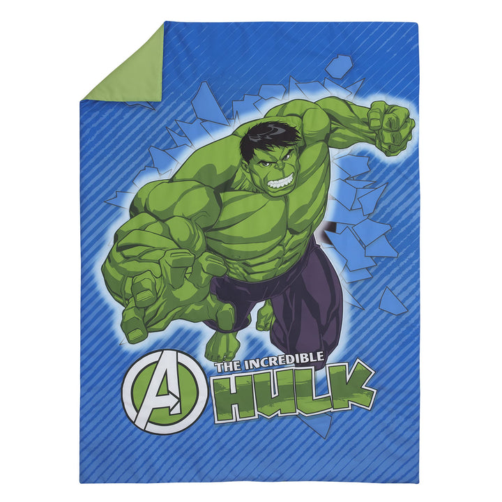 Marvel The Incredible Hulk - The Big Guy - Blue and Green 4 Piece Toddler Bed Set - Comforter, Fitted Bottom Sheet, Flat Top Sheet, and Reversible Pillowcase