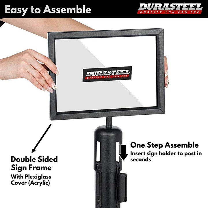 DuraSteel Stanchion Sign Holder - Landscape Display for 8.5" x 11" Paper Size - Double Sided Sign Frame with Plexiglass Cover - NOT Fit with US Weigh Sentry Stanchion - Crowd Control & Queue Barrier Standard