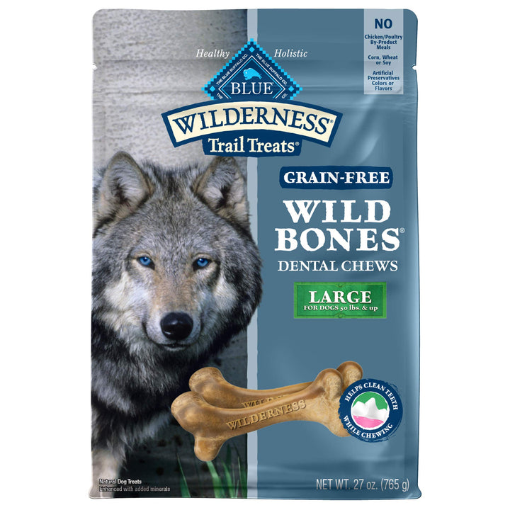 Blue Buffalo Wilderness Wild Bones Grain Free Dental Chews Dog Treats, Large 27-oz Bag Large Bones (For Dogs 50+ lbs) 27 Ounce (Pack of 1)