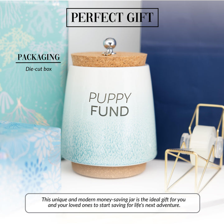 Pavilion - Puppy Fund 6.5-inch Unique Ceramic Piggy Bank Savings Bank Money Jar with Cork Base and Cork Lid with hanging Dog Bone Charm, Ombre Teal 78608