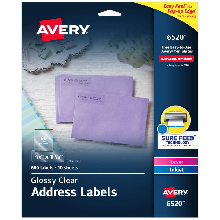 Avery Printable Return Address Labels with Sure Feed, 2/3" x 1-3/4", Glossy Clear, 600 Blank Mailing Labels (06520) 2/3" x 1-3/4" 600 Labels