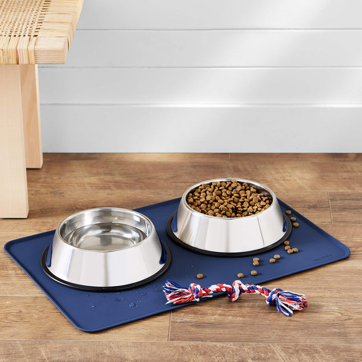 Basics Waterproof Anti-Slip Silicone Pet Food and Water Bowl Mat, 24 x 16 Inches, Solid, Blue 24" x 16"