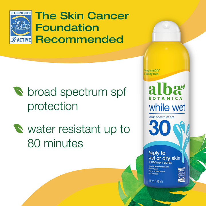 Alba Botanica Sunscreen for Face and Body, While Wet Sunscreen Spray, Broad Spectrum SPF 30, Water Resistant Sunscreen for Wet and Dry Skin, 5 fl. oz. Bottle (Pack of 2)