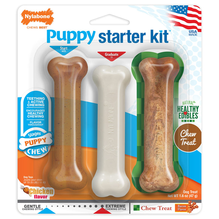 Nylabone Teething Puppy Chew Starter Kit, Two Puppy Chew Toys, Puppy Supplies, Peanut Butter & Chicken Flavor, X-Small/Petite (2 Count) X-Small/Petite (2 Count)