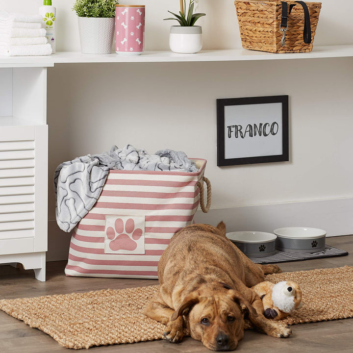 Bone Dry 5743 Pet Storage Collection Striped Paw Patch Bin, Large Rectangle, Rose