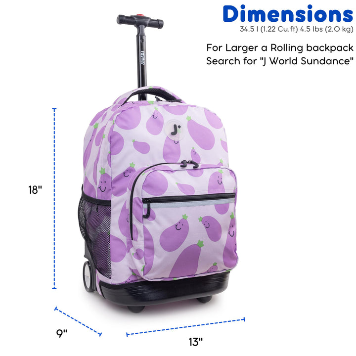 J World New York Sunrise Kids Rolling Backpack for Girls Boys Teen. Roller Bookbag with Wheels, Mr. Eggplant, 18"