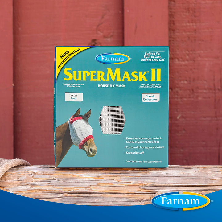 Farnam SuperMask II Fly Mask Without Ears for Foals, Full Face Coverage and Eye Protection from Insect Pests, Structured Classic Styling Mesh with Plush Trim, Foal Size