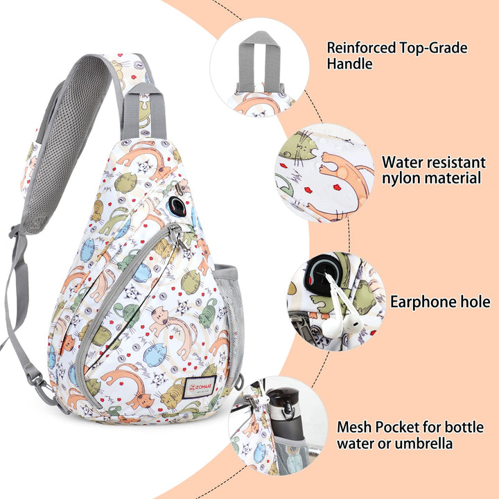 ZOMAKE Sling Bag for Women Men:Small Crossbody Sling Backpack - Mini Water Resistant Shoulder Bag Anti Thief Chest Bag Daypack for Travel Hiking Outdoor Sports (Fushcia White Leaf) Large Fushcia White Leaf