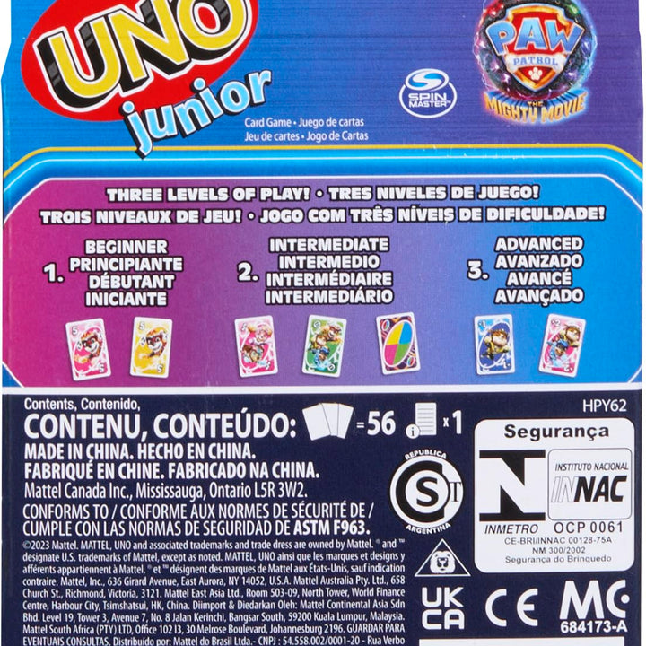 Mattel Games UNO Junior Paw Patrol: The Mighty Movie Kids Card Game for Family Night Featuring 3 Levels of Play