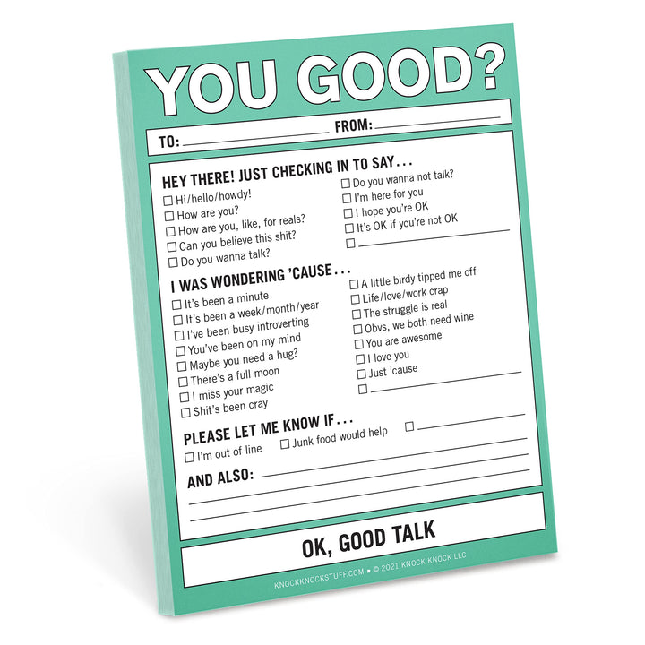 1-Count Knock Knock You Good? Nifty Note Pad, Supportive Check-in Memo Notepad, 4 x 5.25-inches You Good?