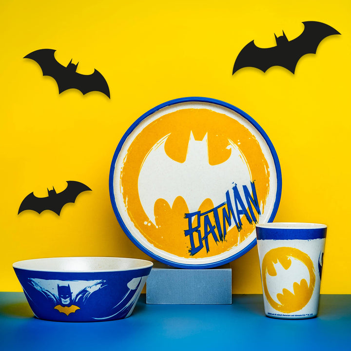 Zak Designs DC Comics Batman Kids Dinnerware Set 3 Pieces, Durable and Sustainable Melamine Bamboo Plate, Bowl, and Tumbler are Perfect For Dinner Time With Family (Batman, Robin, Batgirl) 8" Plate, 6" Bowl, 10oz Tumbler