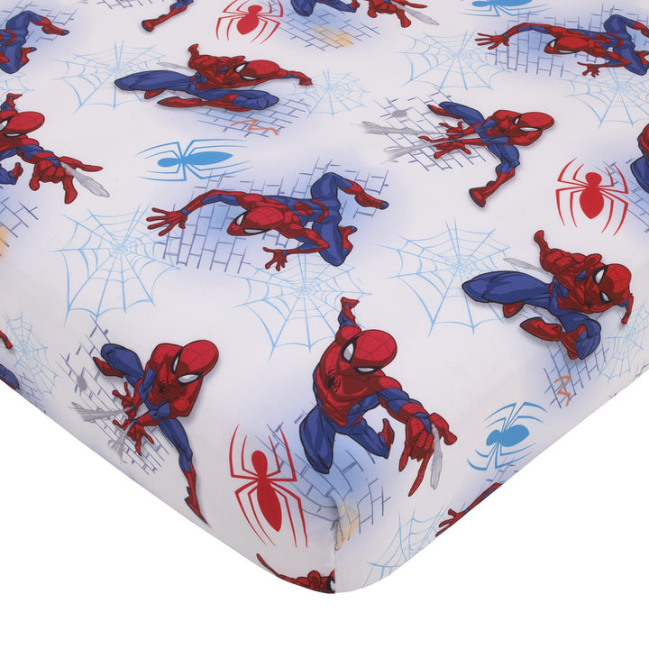 Marvel Spiderman Wall Crawler Red, White, and Blue Spider Webs 4 Piece Toddler Bed Set - Comforter, Fitted Bottom Sheet, Flat Top Sheet, and Reversible Pillowcase Marvel Spiderman