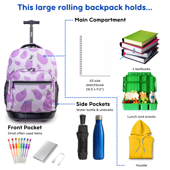 J World New York Sunrise Kids Rolling Backpack for Girls Boys Teen. Roller Bookbag with Wheels, Mr. Eggplant, 18"