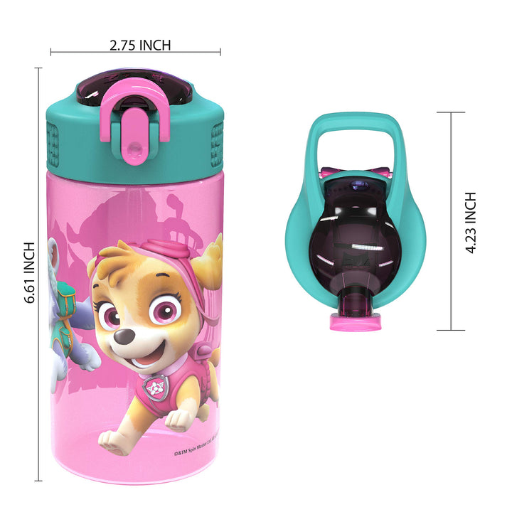 Zak Designs Kids Durable Plastic Spout Cover and Built-in Carrying Loop, Leak-Proof Water Design for Travel, (16oz, 2pc Set), Paw Patrol Skye Bottle 2pk 2 Count (Pack of 1)